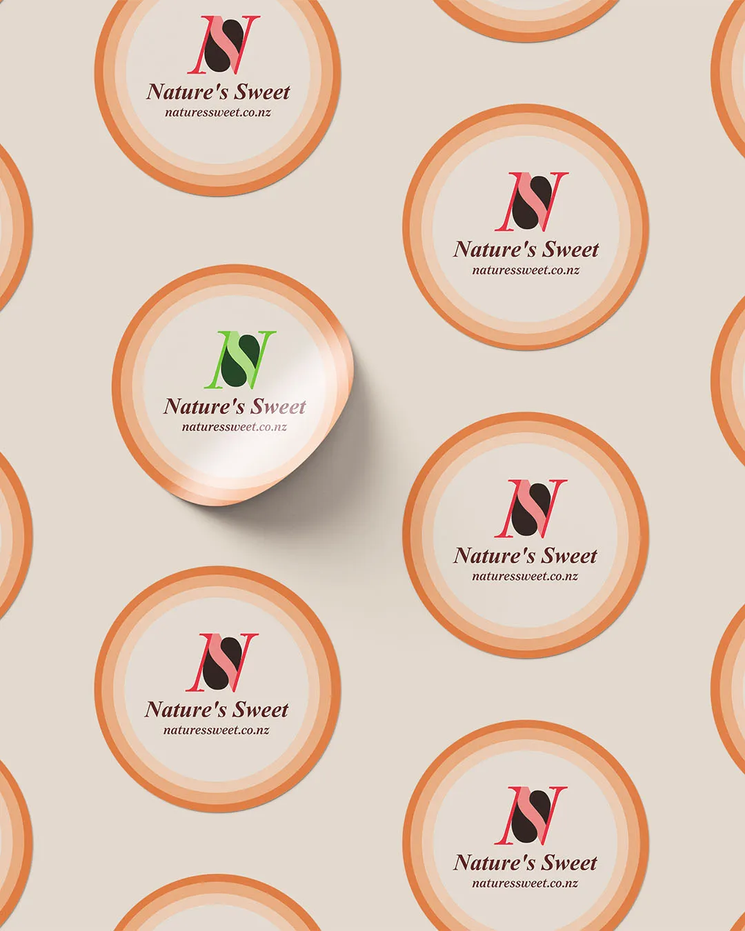The Natures Sweet logo displayed on an array of stickers
