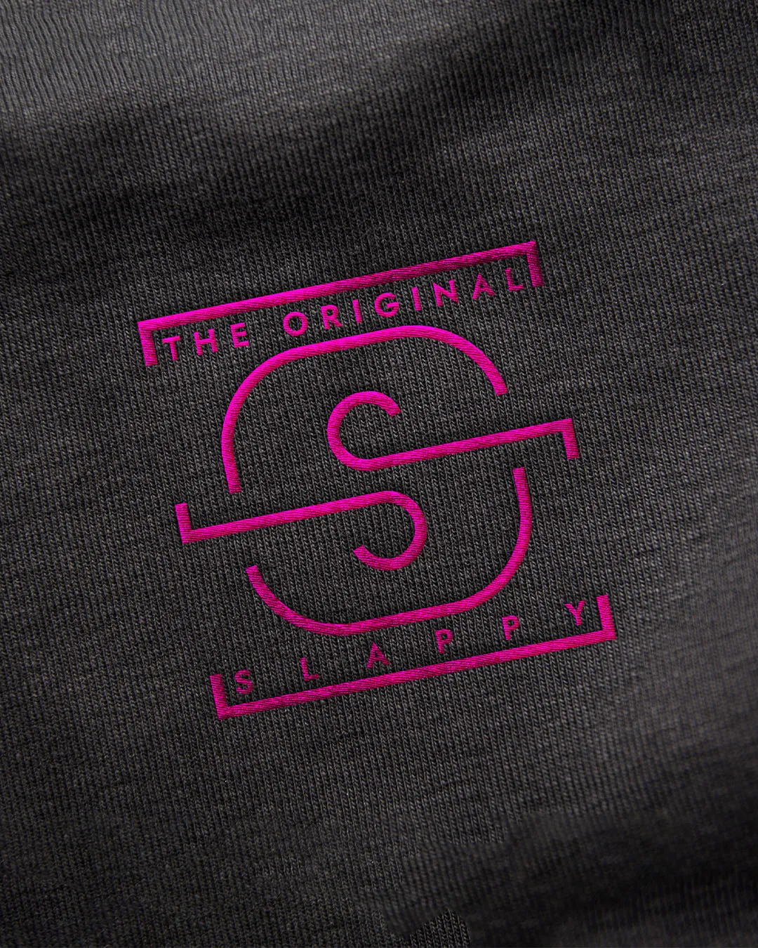The SLAPPY logo mocked up as an embroidered logo on fabric