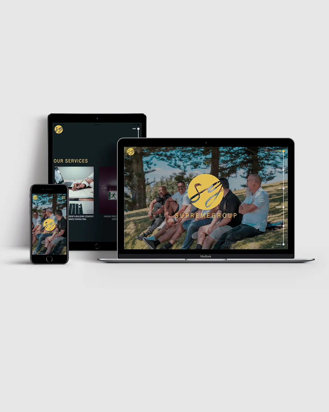 A mockup of the Supremegroup website on 3 devices, a tablet, an iphone, and a macbook.